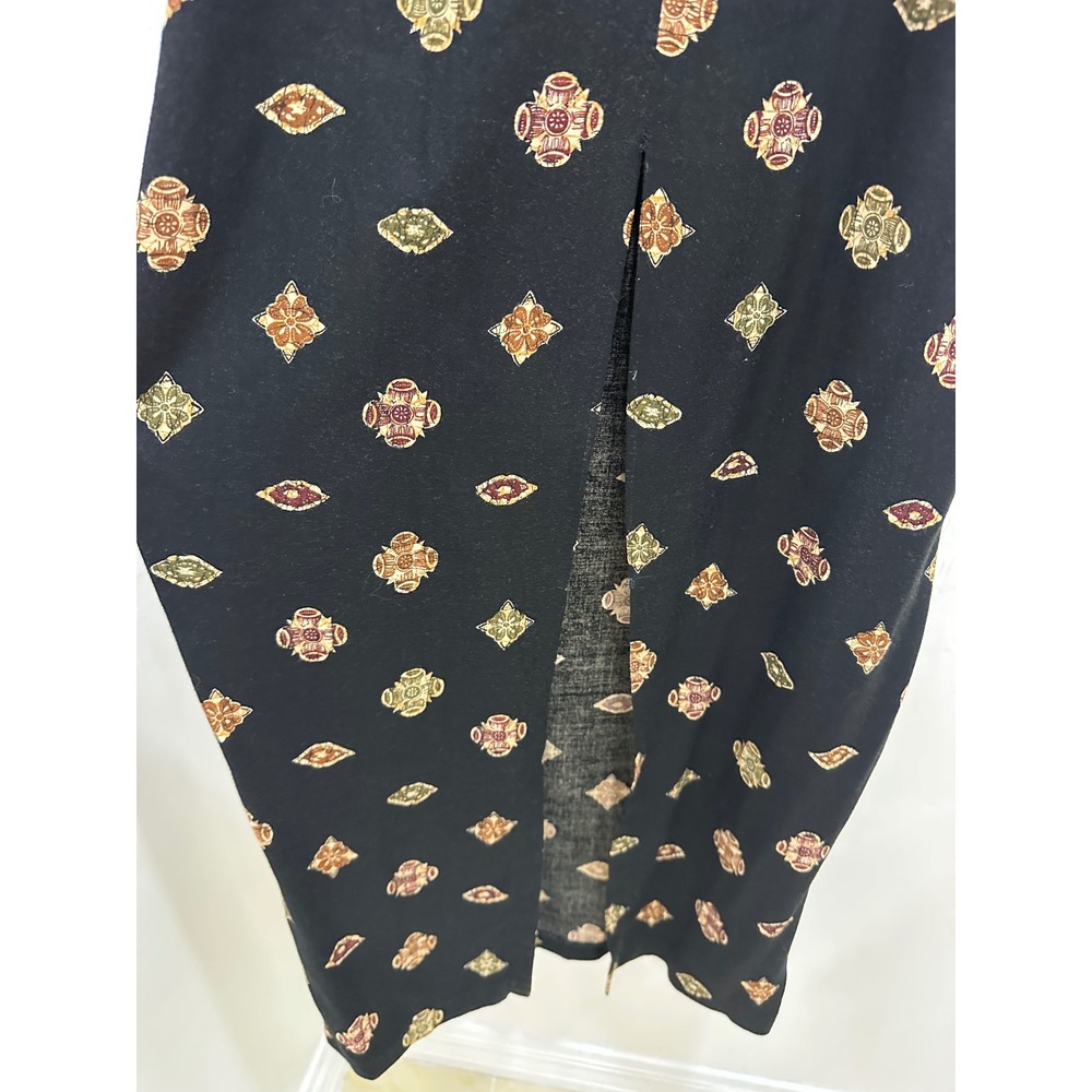 Meghan Matthews Vintage Batik Midi Dress Black Gold Faux Wrap Side Tie Rayon 10 - Picture 5 of 8
